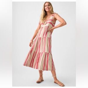 FAHERTY Lanai Linen Dress, Tiered Stripe Tie Shoulder Cotton Blend Sundress, M
